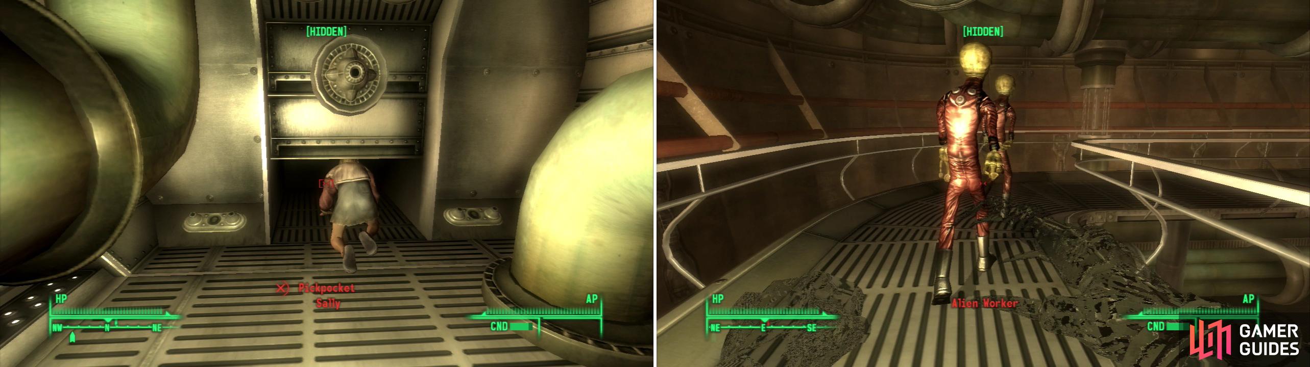 Sally's size allows her to sneak around-which will prove invaluable, since it allows you access to parts of the ship you wouldn't otherwise be able to reach (left). Worker aliens don't pose a threat to you (right), but they're still narks, so you might as well kill them… even if it will cost you some karma.