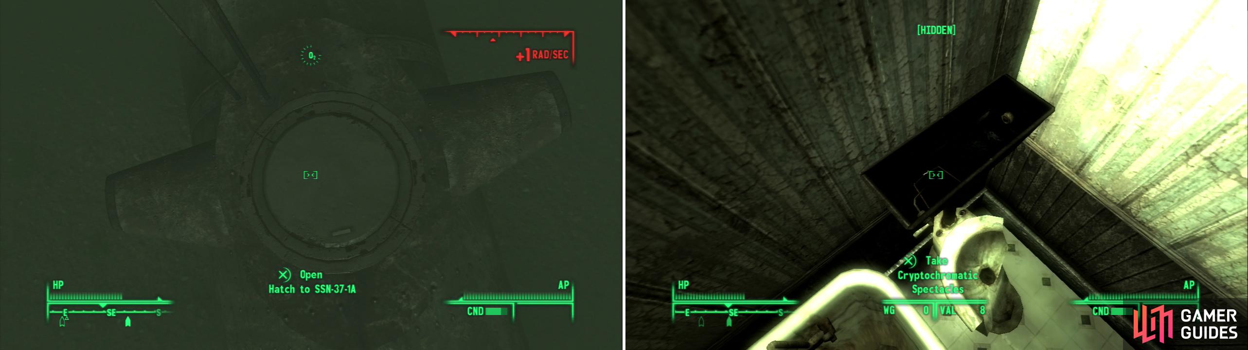 Dive down to find the sunken pocket submarine (left). Once the submarine is detonated, return to the Homestead Motel to find your new orders, and the Cryptochromatic Spectacles (right).