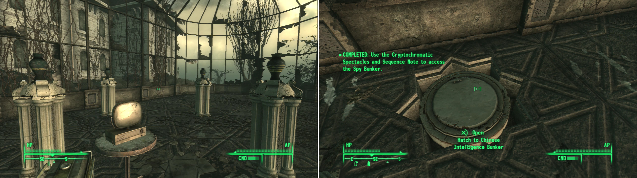 Put on the glasses you fished out from the back of hte swamp motel forest in order to detect the otherwise invisible rings on the urns in the greenhouse (left). Touch the urns in the correct sequence to open up a hidden bunker (right).