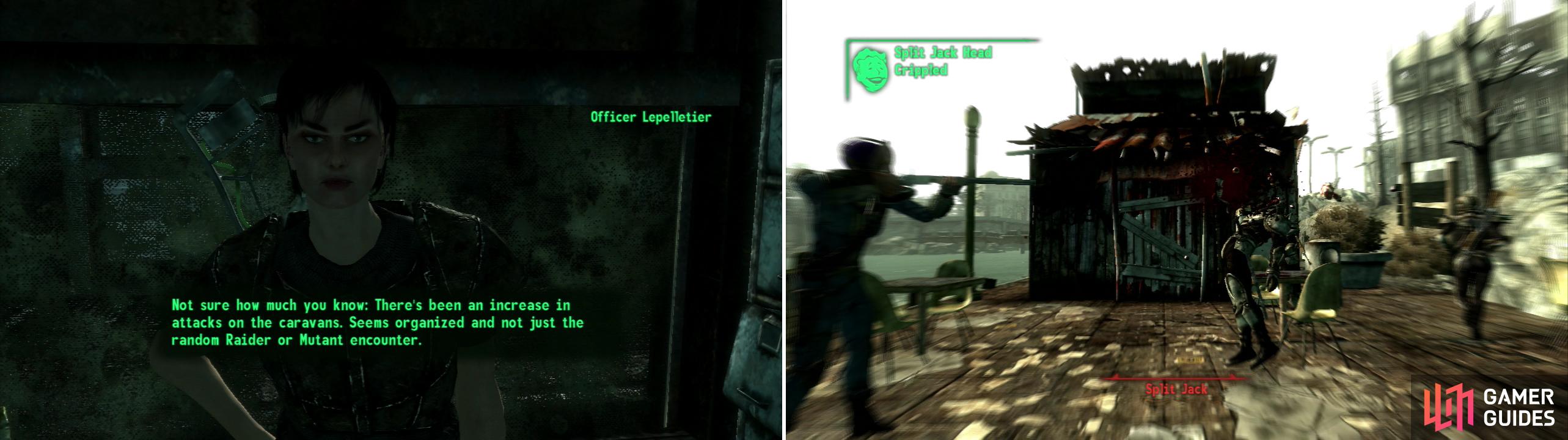 Whether its due to her incompetence or not, Officer Lepelletier is having trouble getting water to its destination (left). Kill some Bandits attacking a caravan, then find their leader and kill him, too (right).