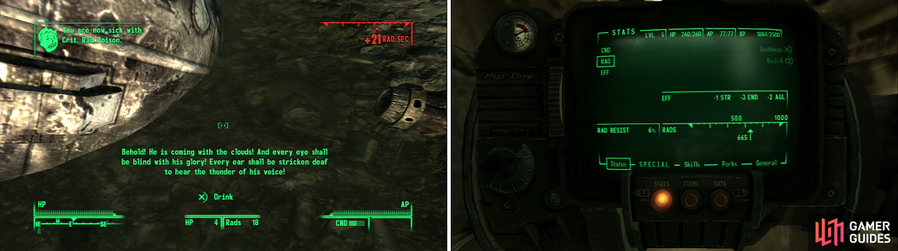 All you have to do for Moira's first task is catch some Rads, which is pretty easy in Fallout 3. Drink some irradiated water, courtesy of Megaton's resident warhead (left), and when you hit 600 Rads, you'll be good to glow (right).