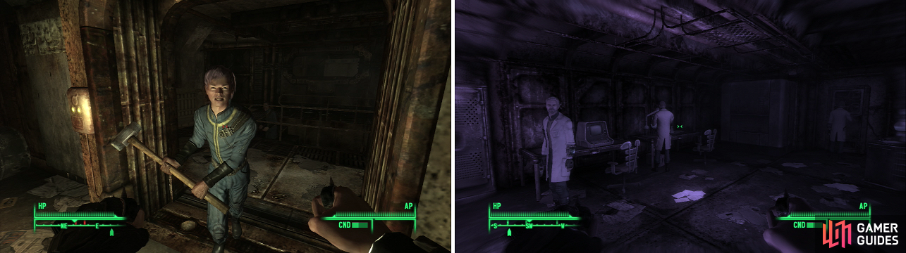 The survivors of Vault 106 and you are not going to become friends (left). You will occassionally experience odd visions as you progress through Vault 106 (right).
