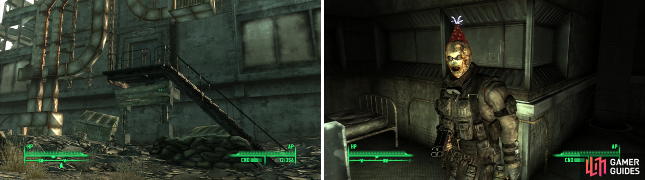 The Talon Company camp near Megaton can be difficult to find, if you don't know where to look (left). Don't let the Party Hat fool you, Gallo is not a friendly Ghouls (right).
