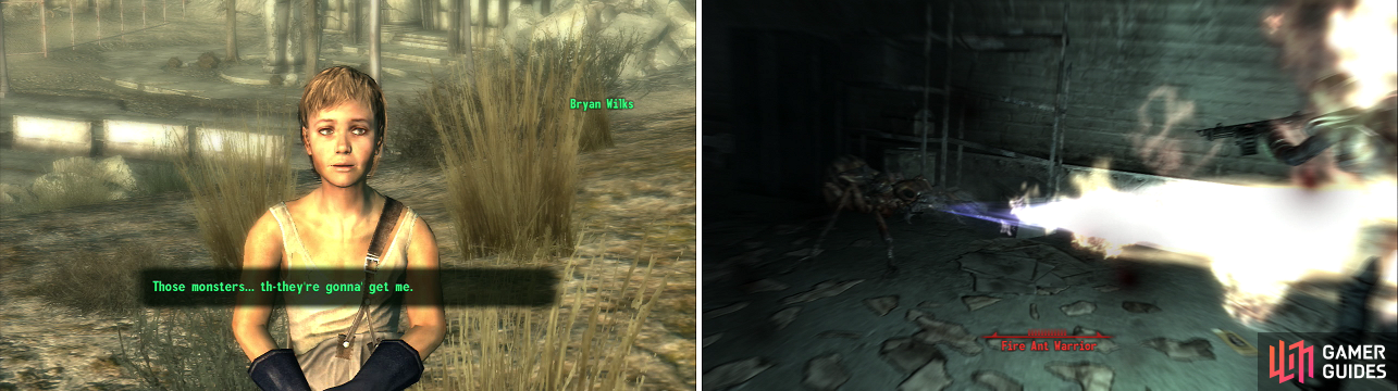 Bryan Wilks claims "monsters" destroyed his home (left). That doesn't excuse him from being the most annoying NPC in the game. The pests infesting Grayditch are only too willing to show off why they're called "Fire Ants" (right).