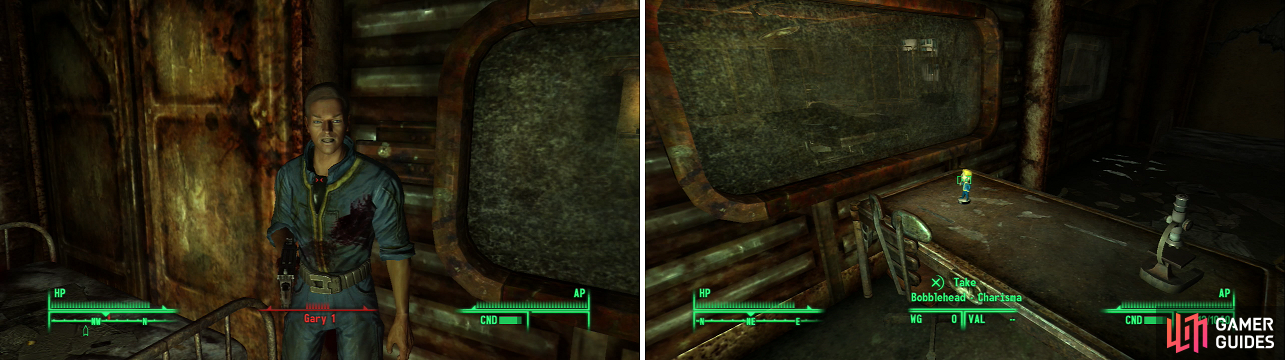 The first Gary (or the first clone of Gary?) lurks at the bottom of Vault 108 (left), as does the Bobblehead - Charisma (right).