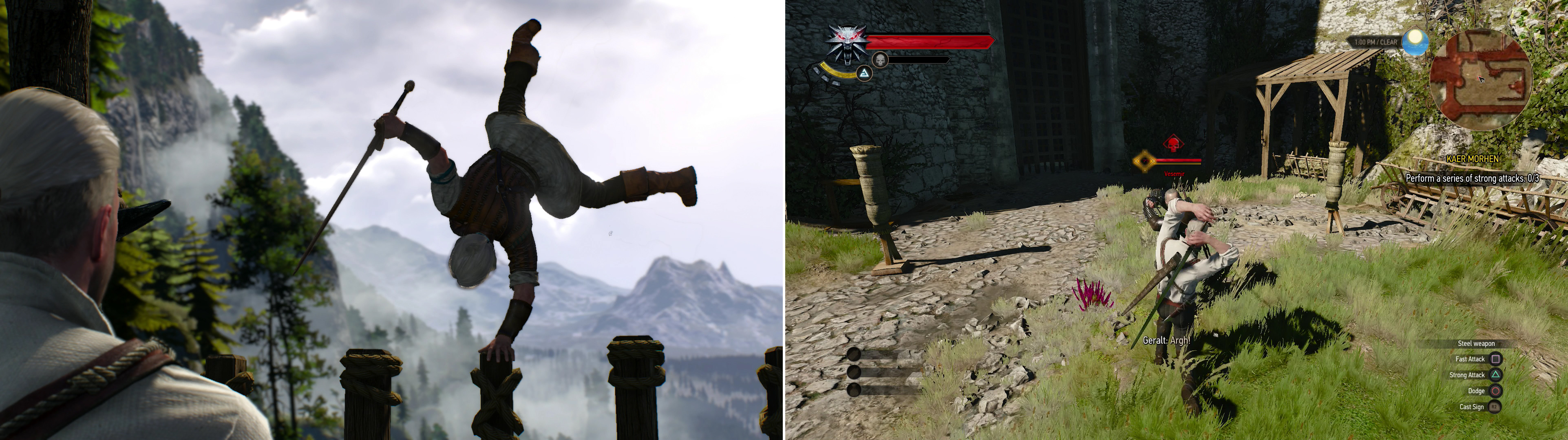 Geralt instructs Ciri as she trails (left), then spars with Vesemir to keep his own skills honed (right).