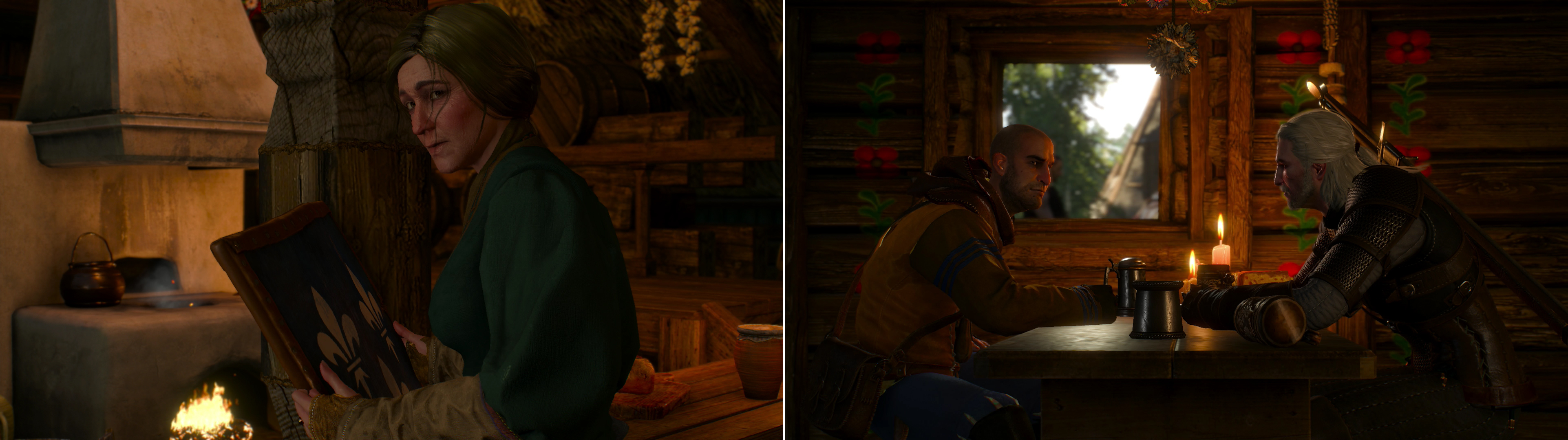 Some Temerians still can't bring themselves to abandon the lillies (left). Geralt finds a talkative tavern patron who happens to have useful information about Yennefer… (right)