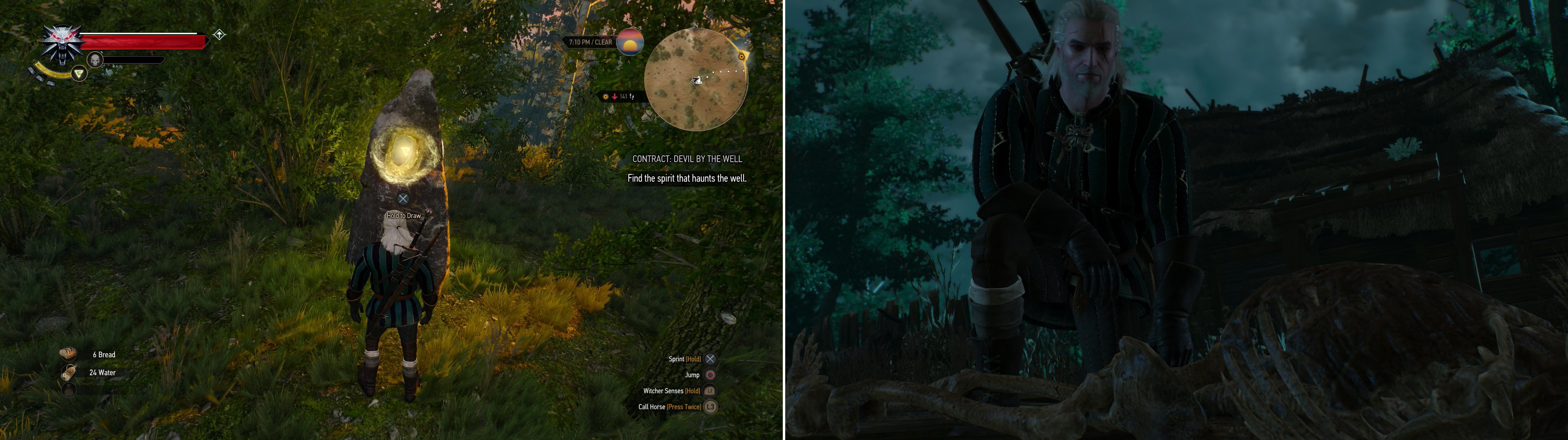 Draw from the Place of Power to gain an ability point (left). Search the abandoned village to make a gruesome discovery in the well (right).