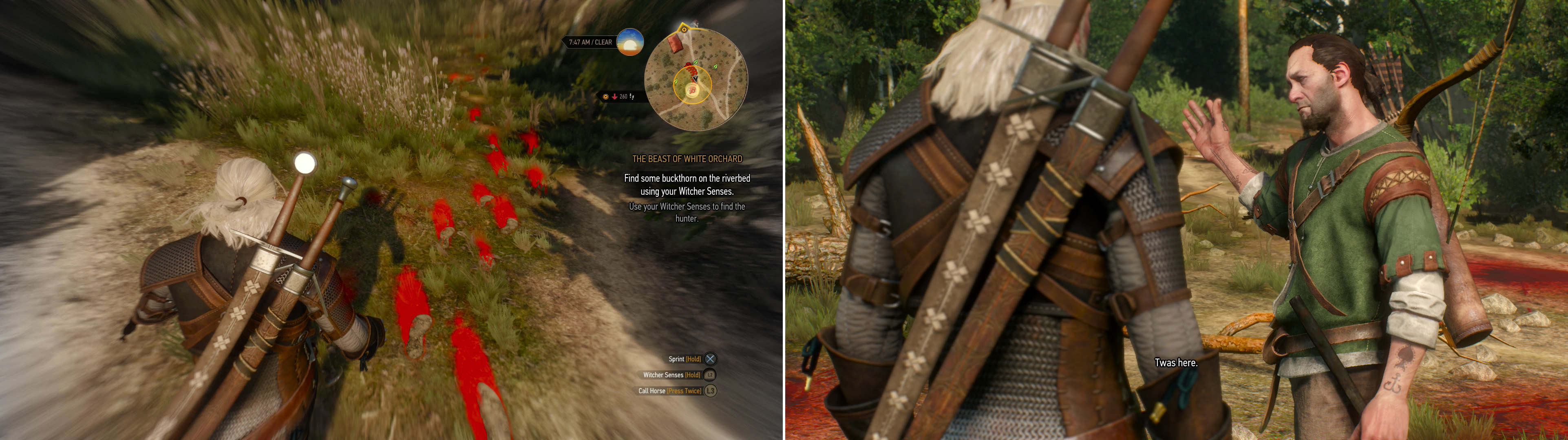 Track Mislave down (left) and get him to lead you to where the Griffin attack the Nilfgaardian patrol (right).