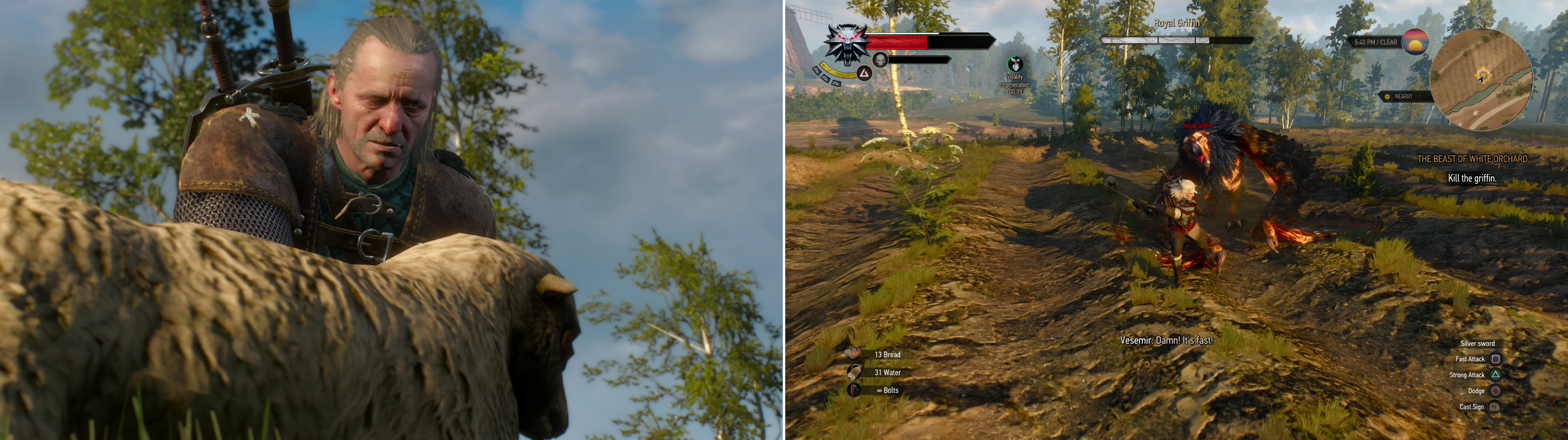 Vesemir uses a clever bit of bait to lure the Griffin (left). When it arrives, attack the Griffin (right).