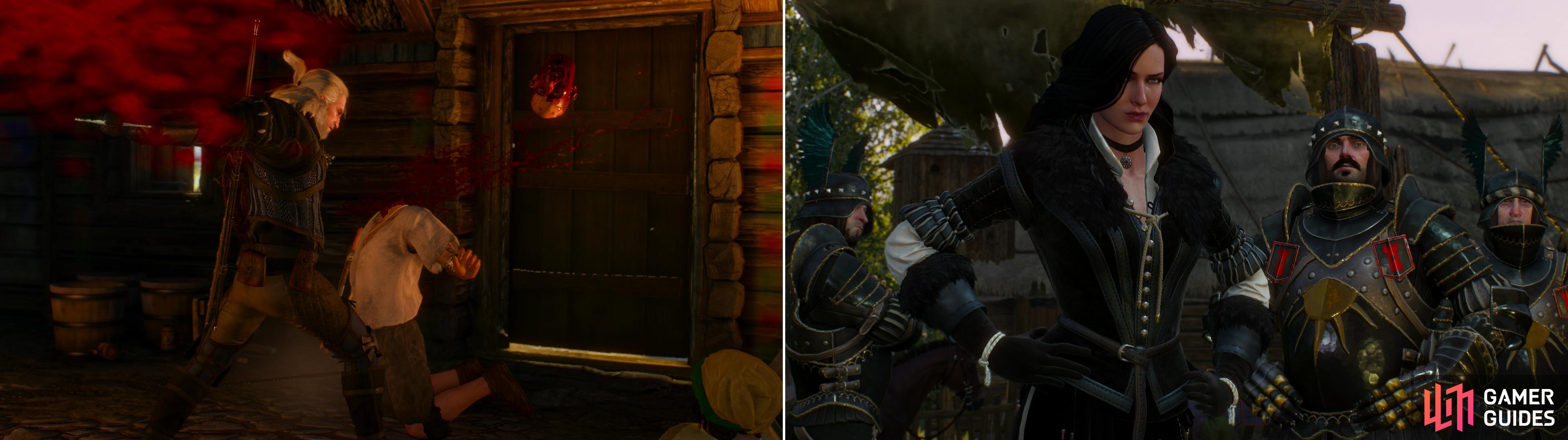 Geralt and Vesemir respond to the escalating violence in the tavern with brutal efficiency (left). Fortunately they are met by Yennefer afterwards and escorted to Vizima (right).