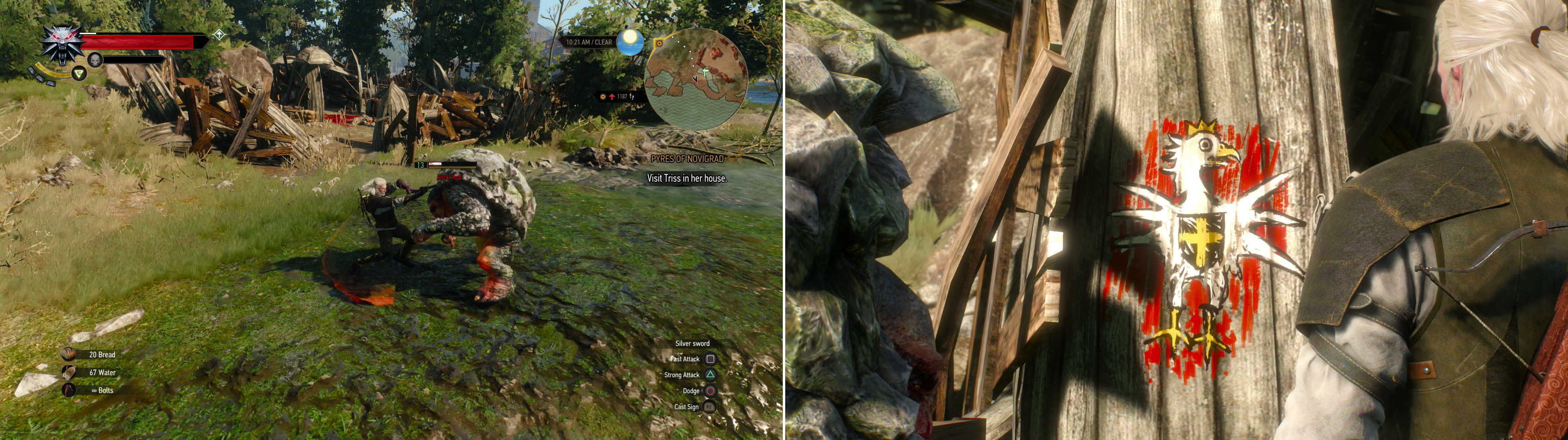 Either kill the Troll at White Eagle Fort (left) or help it set the camp to correct military order (right). Just… don't let Geralt paint if you don't want to torture art.