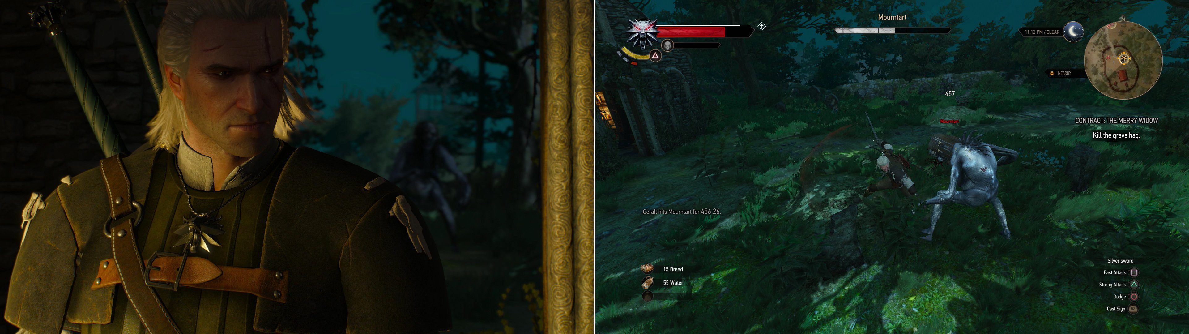 Take the Grave Hag Skulls to lure the beast out into the open (left) then teach her to fear a Witcher's blade (right).