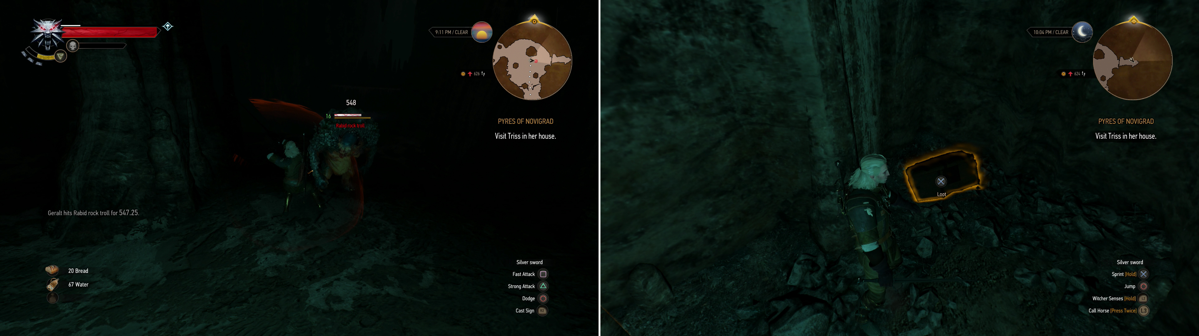Defeat the Nekkers and the Rock Troll (left) then claim the treasures hidden in their cave (right).