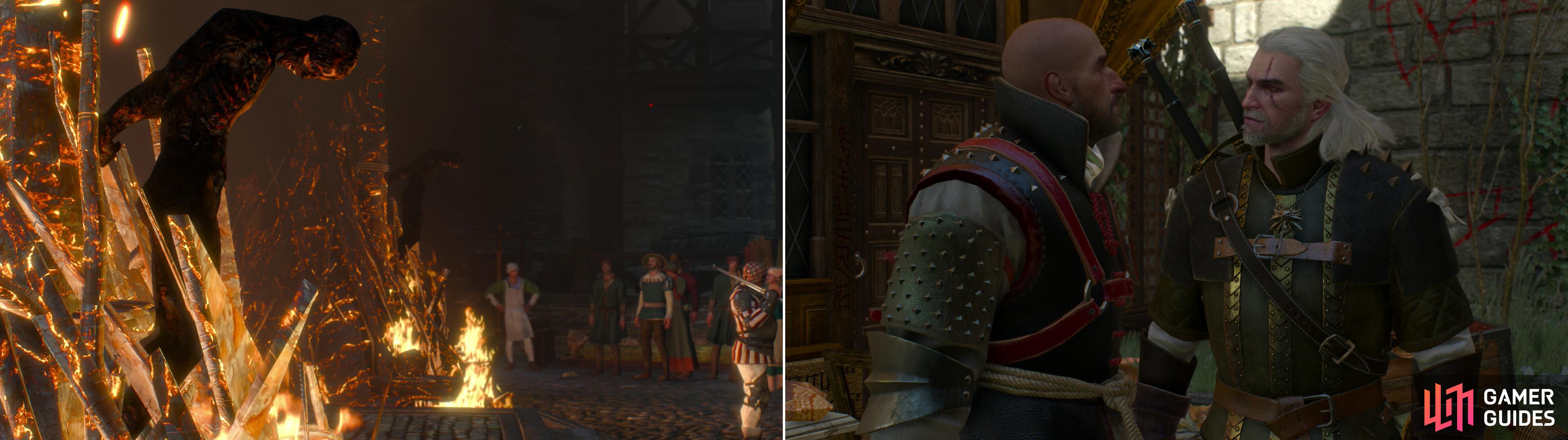 The Cult of the Eternal Fire has made Novigrad a dangerous place for mages and other magical "deviants" (left). Menge, the leader of the city's Witch Hunters, is a particularly unlikable fellow (right).