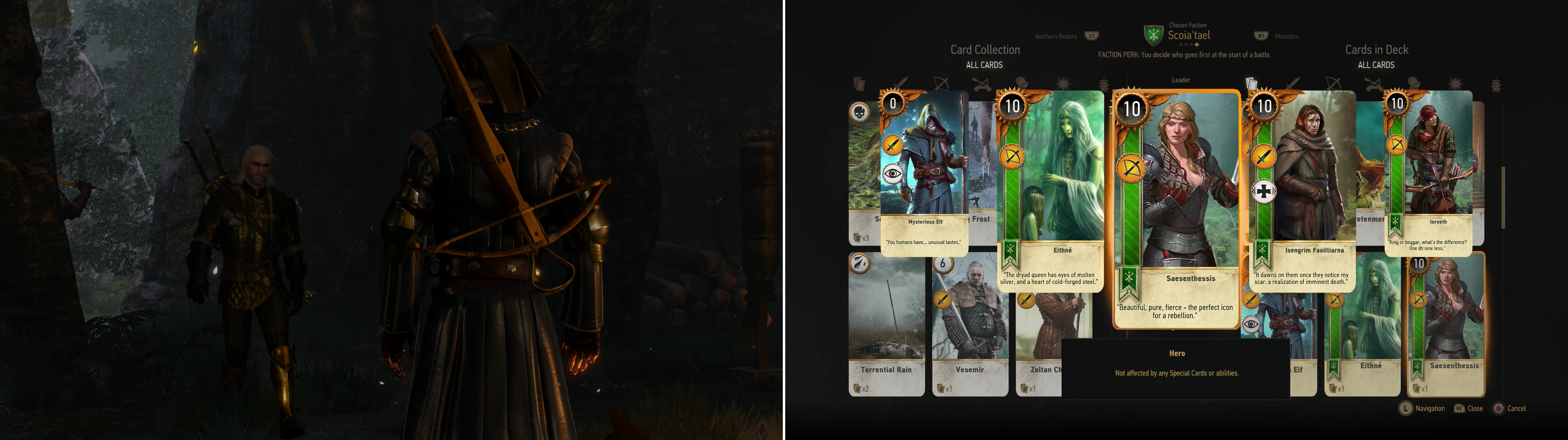 Meet up with your old pal-and last remaining vestige of the Temerian resistance (left) then defeat Vernon Roche for his "Saesenthessis" Card (right).