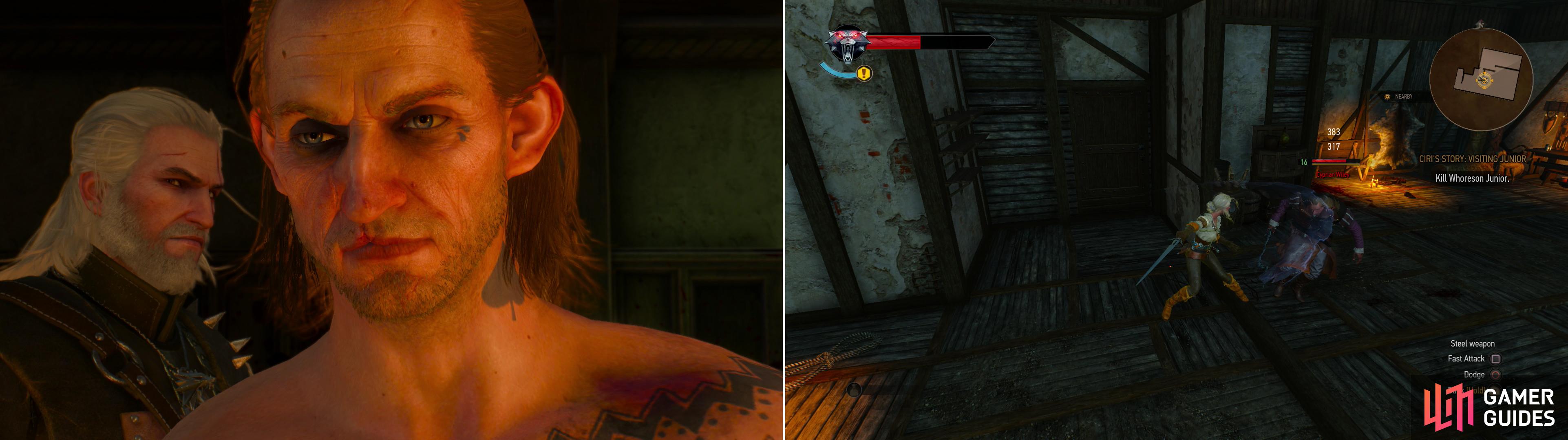 Confront Whorseon Junior in his estate (left) then witness (and replay) his earlier interactions with Ciri (right).