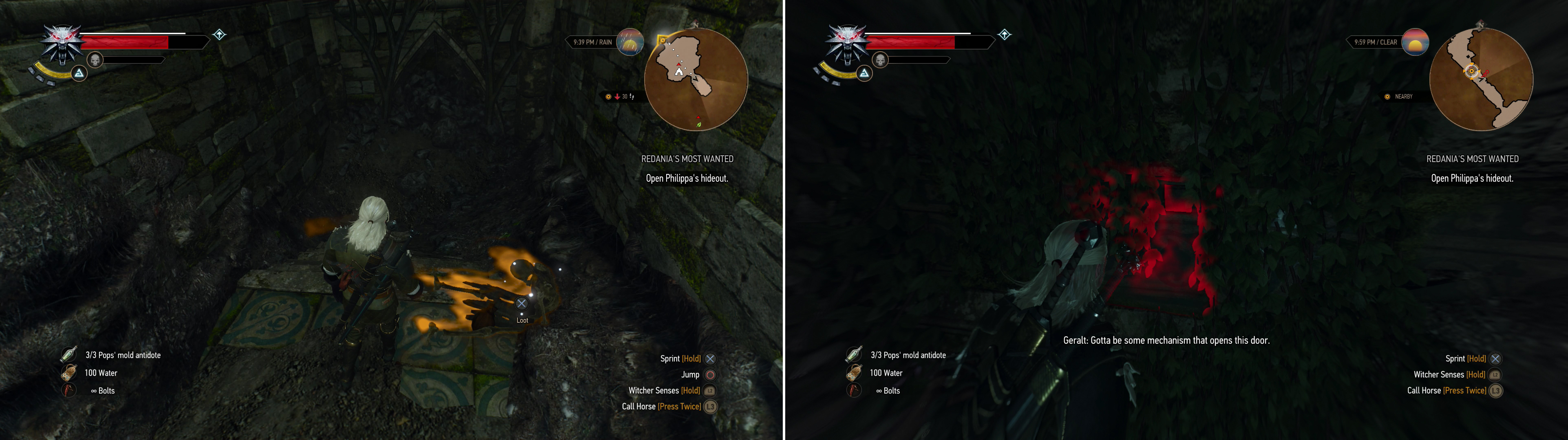 Loot the corpse behind the weak wall to find the Diagram: Feline Silver Sword (left), then use the key to disable the barrier protecting Phillipas hideout (right).