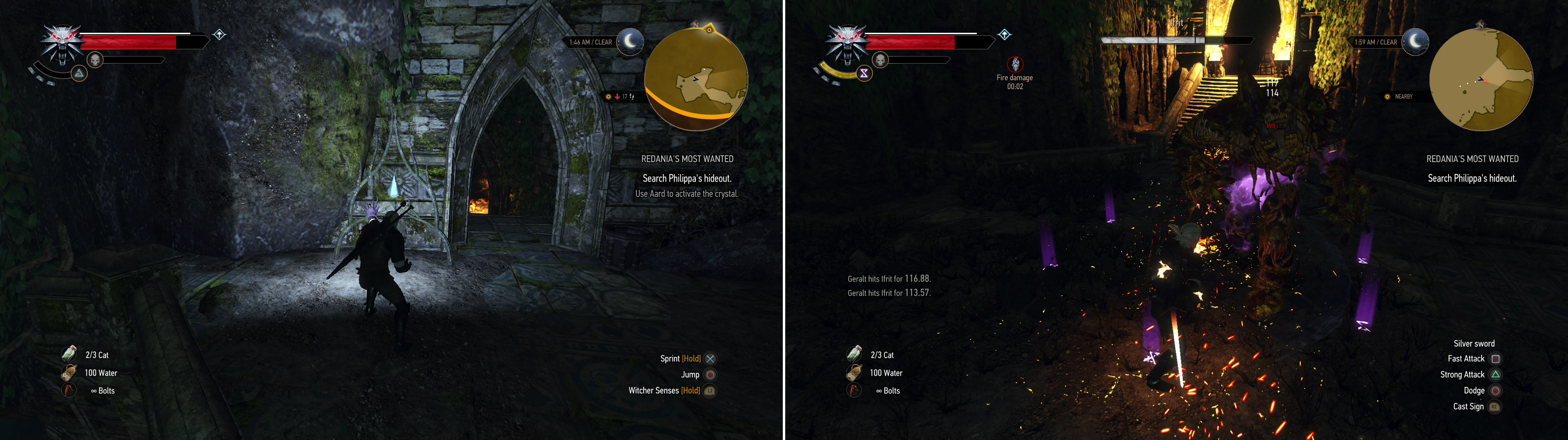 Charge up power crystals by hitting them with the Aard Sign (left). Guarding Phillipa's lab is an Ifrit (right).