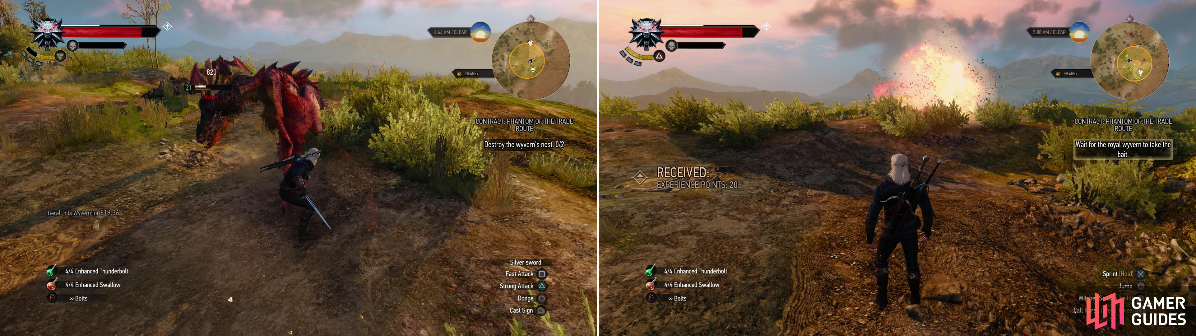 Fight off two Wyverns (left) and destroy their nests (right).