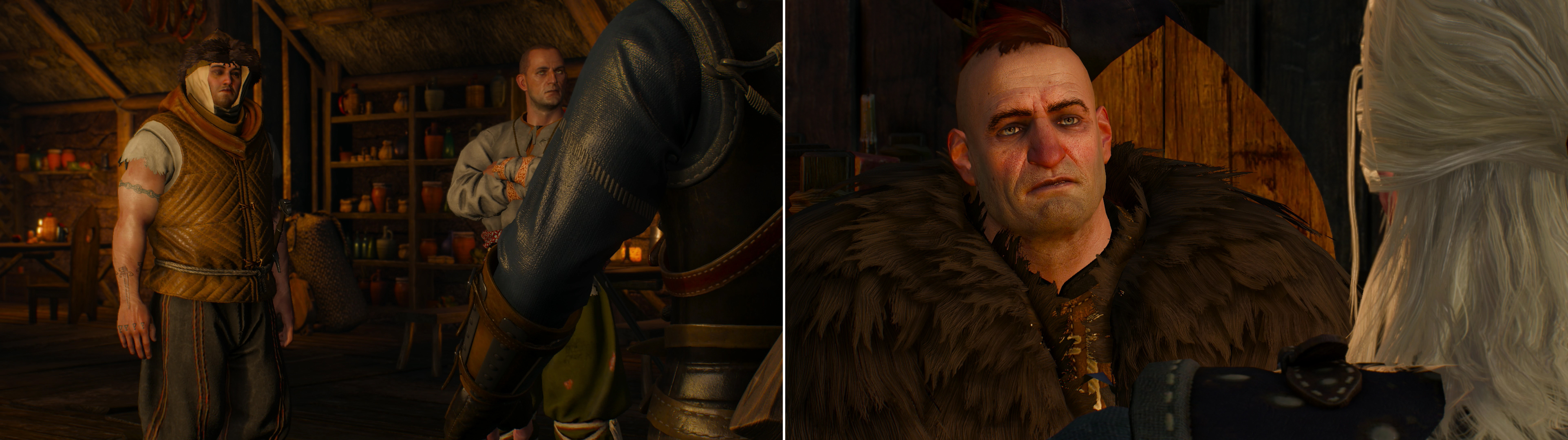 Not all Skelligers are friendly… well, most aren't, really, but some are even more unfriendly than others (left). A voice of reason in the form of a Skelliger named Jorund can be found, however (right).