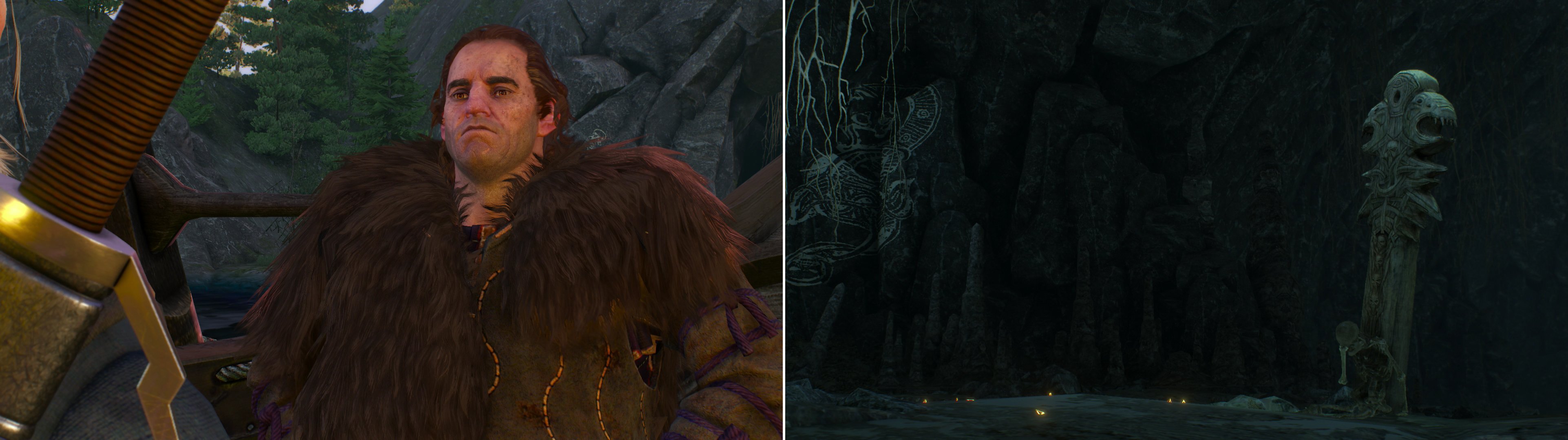 Meet with Blueboy Lugos near the Cave of Dreams (left) then enter the cave and drink a concoction near a totem (right).