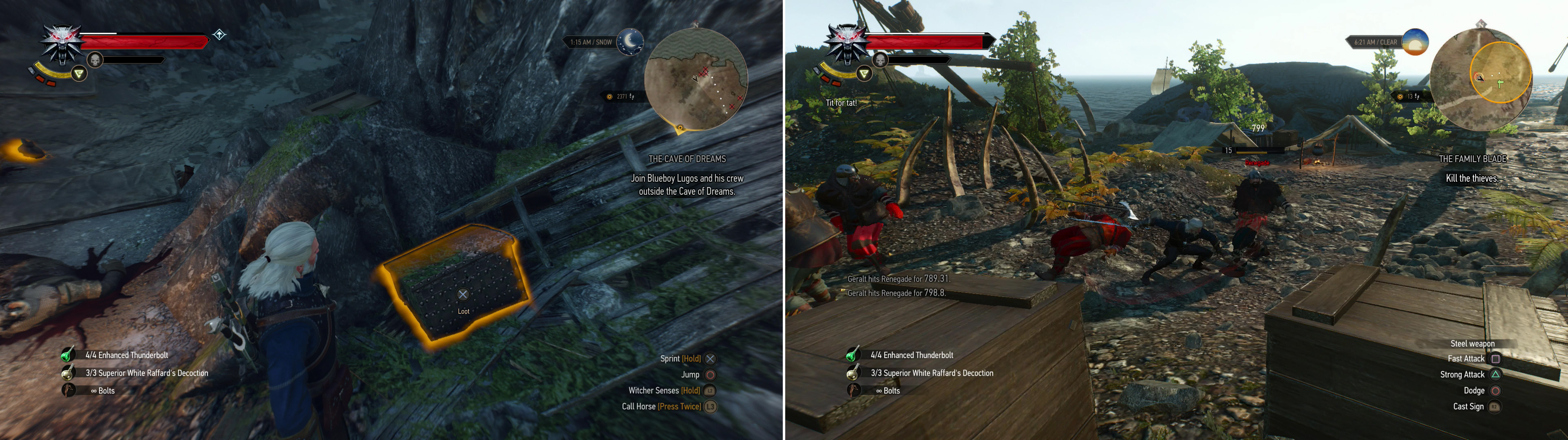 Kill the Bandits along the coast north of the "Giant's Coast" signpost and loot a chest to find a set of Superior Griffin Diagrams (left). Kill the Bandits at the Whale Graveyard to finally claim the sword "Kuliu" (right).