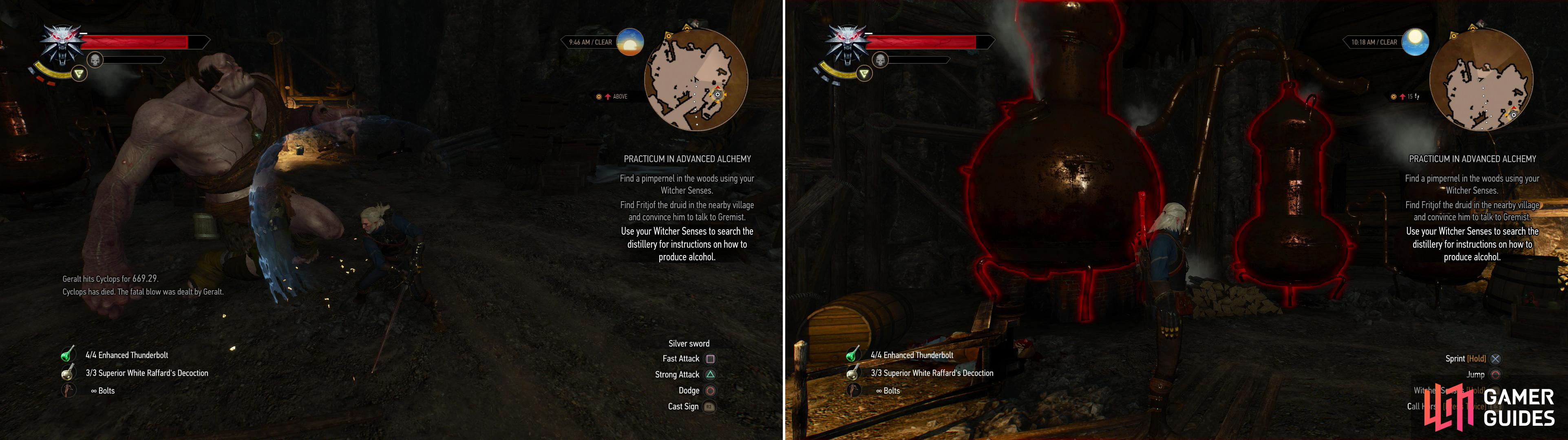Kill the Cyclops that now occupies the Distillery (left) then bew yourself some Skellige Spirit (right).