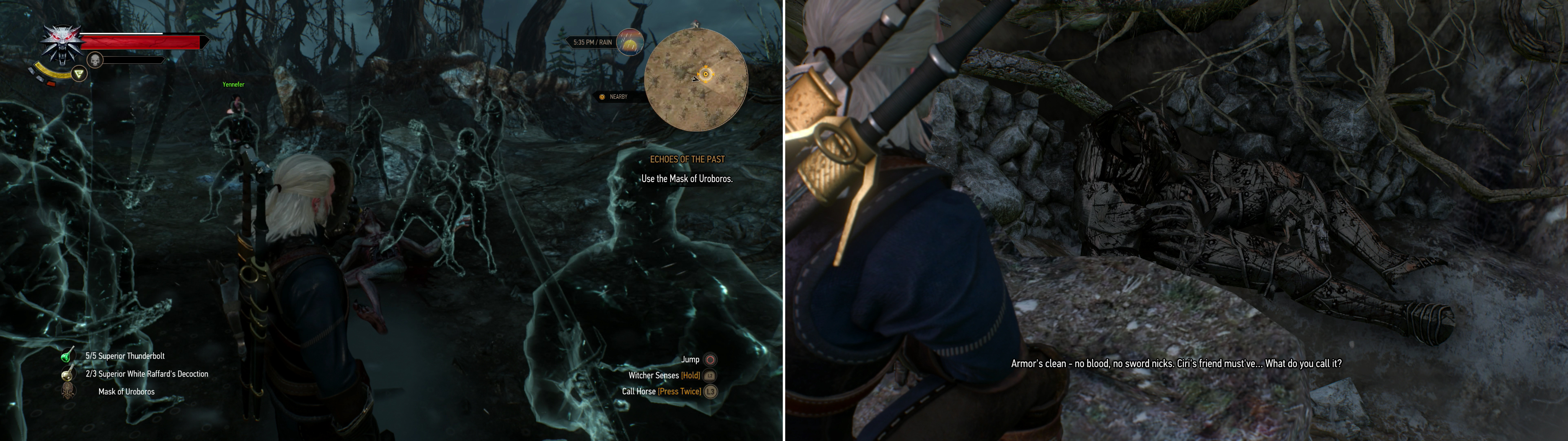 Use the Mask of Uroboros to witness figments of the past (left). A corpse at the end of your search reveals the nature of Ciri's foe (right).