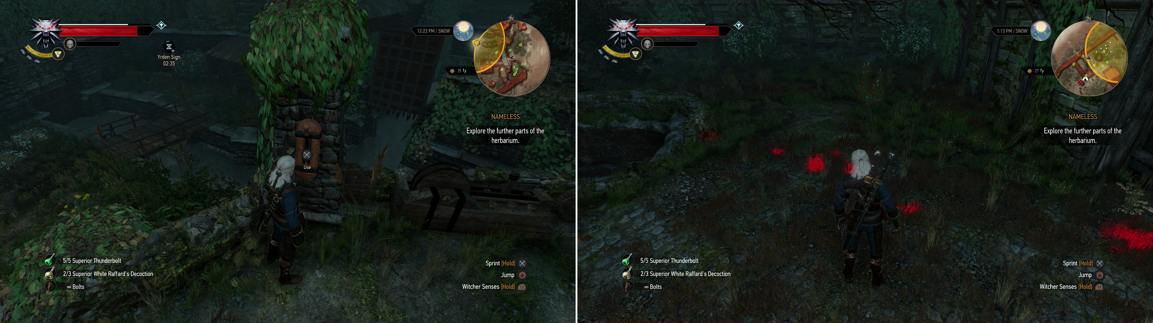 Activate a lever to open a sluice gate (left). Use your Witcher Senses to follow Craven's retreat into a well (right).