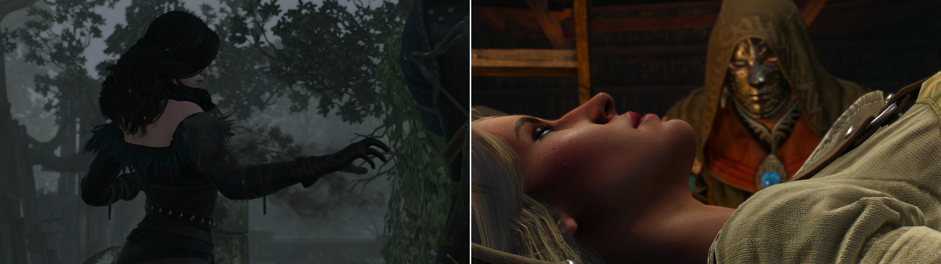 Yennefer will perform dark magic (left) to coax a tale about Ciri's travels in Skellige out of Craven's corpse (right).