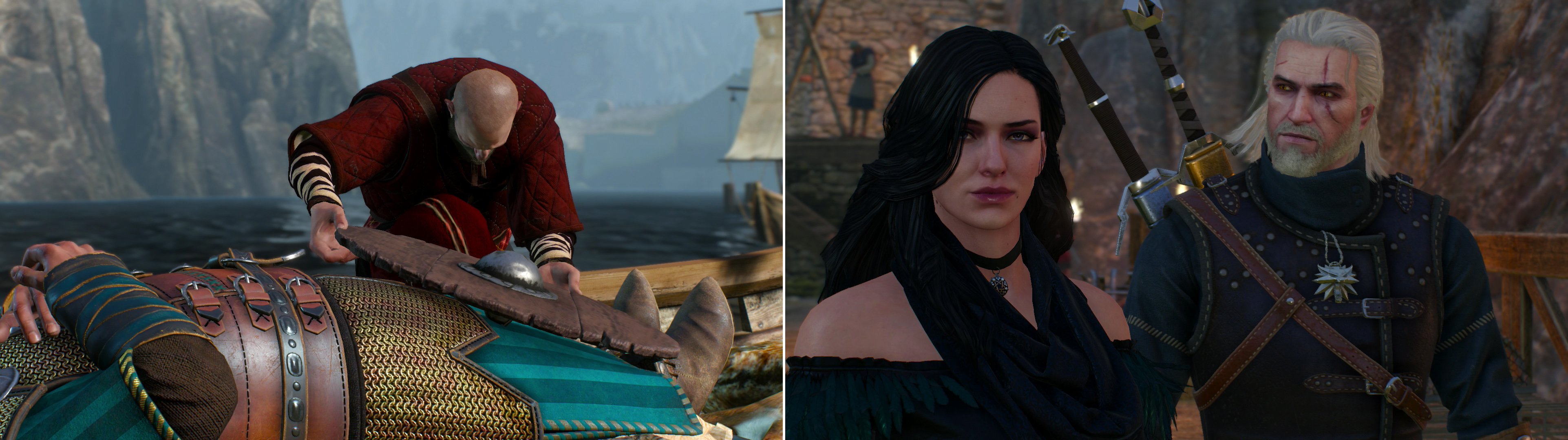 The Skelligers pay their respects to their late king (left) and Geralt reunites with Yennefer (right).