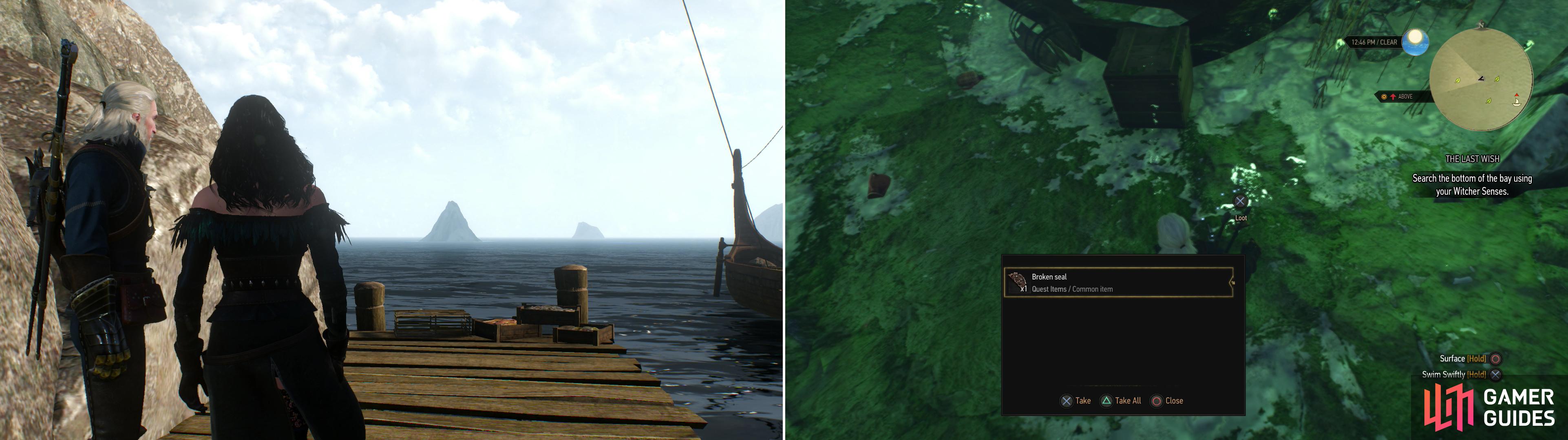 Yennefer's continuing fascination will see you two search the sea for clues that might lead her to an elusive and powerful Djinn (left). Of course, it'll be Geralt who actually has to get wet (right).