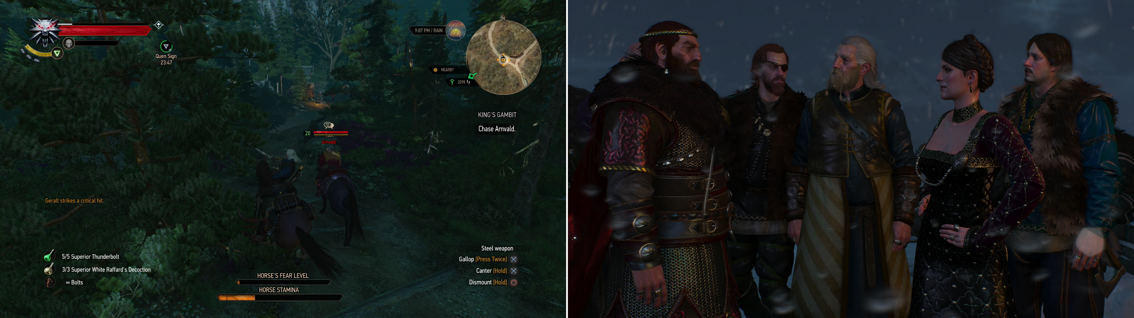 Ride down Arnvald to learn about the conspiracy (left) then make your accusation in front of the Jarls (right).