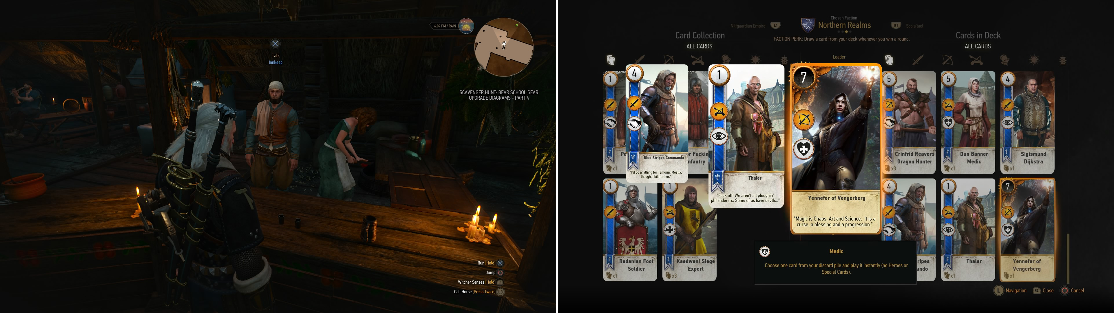 Play various Innkeeps in Velen (left) to score some rare and powerful cards (right).