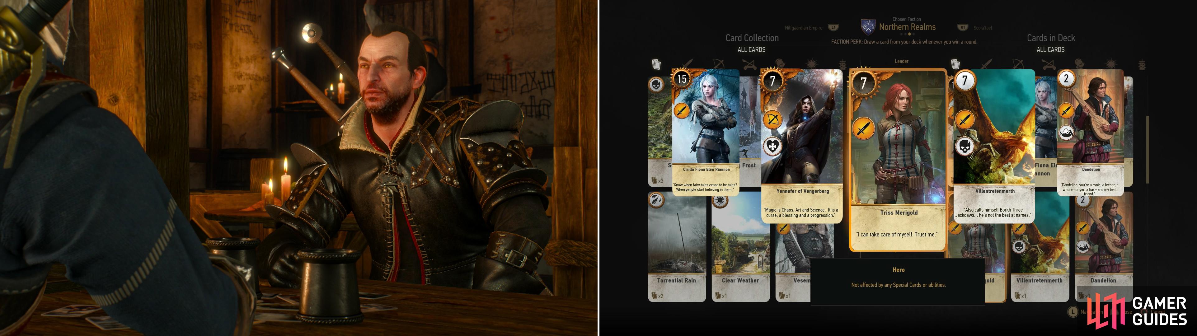 Your old friend Lambert can be played after helping him out in Skellige (left). If you win you'll obtain the Triss Merigold card (right).