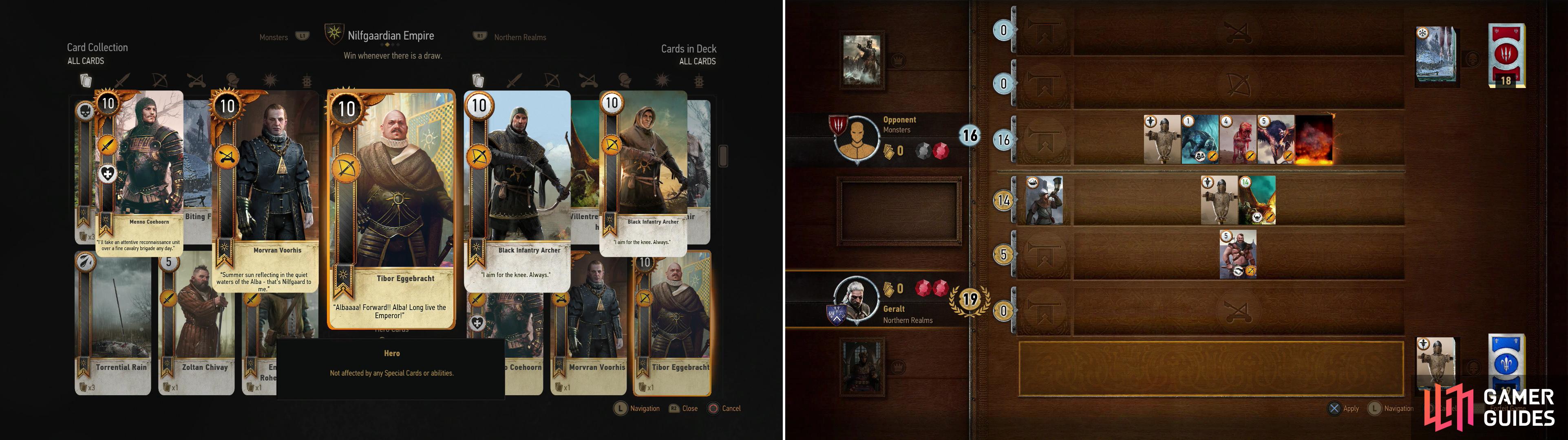 Defeat Olivier at the Kingfisher to win his Tibor Eggebracht Card (left). If you can win the Villentretenmerth card during your games with random Gwent players, you'll be able to use its limited Scorch ability to great effect (right).