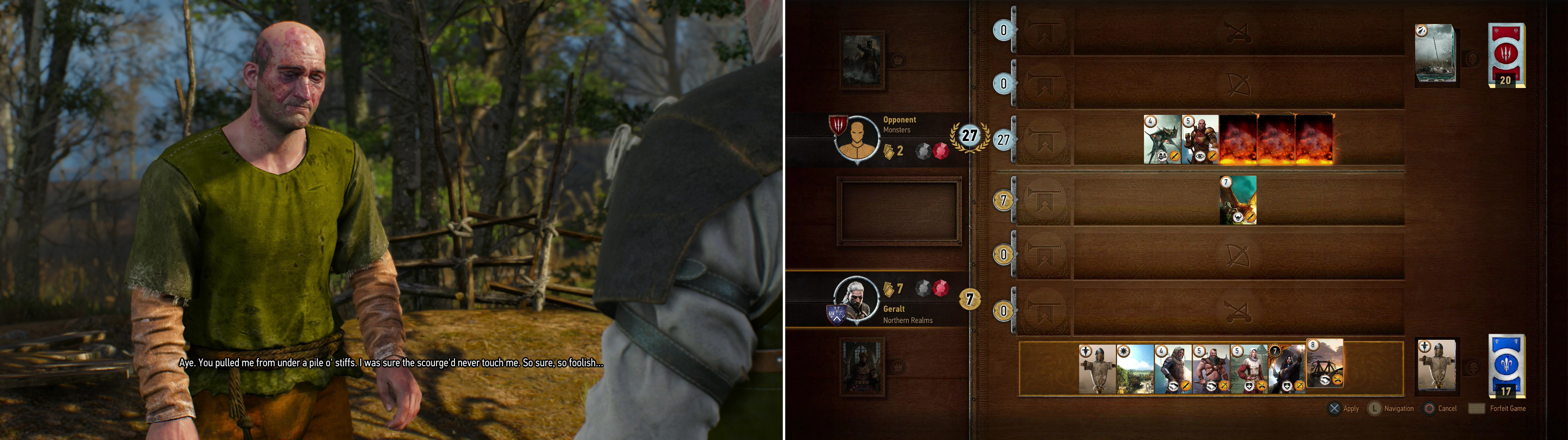 If you encountered him along the road earlier, old Gert can be found between the Nekker nests, apparently quite worse off for his corpse mishap earlier (left). You can use Vellentretenmerth to good effect against the Old Sage's Muster-heavy Monster deck (right).