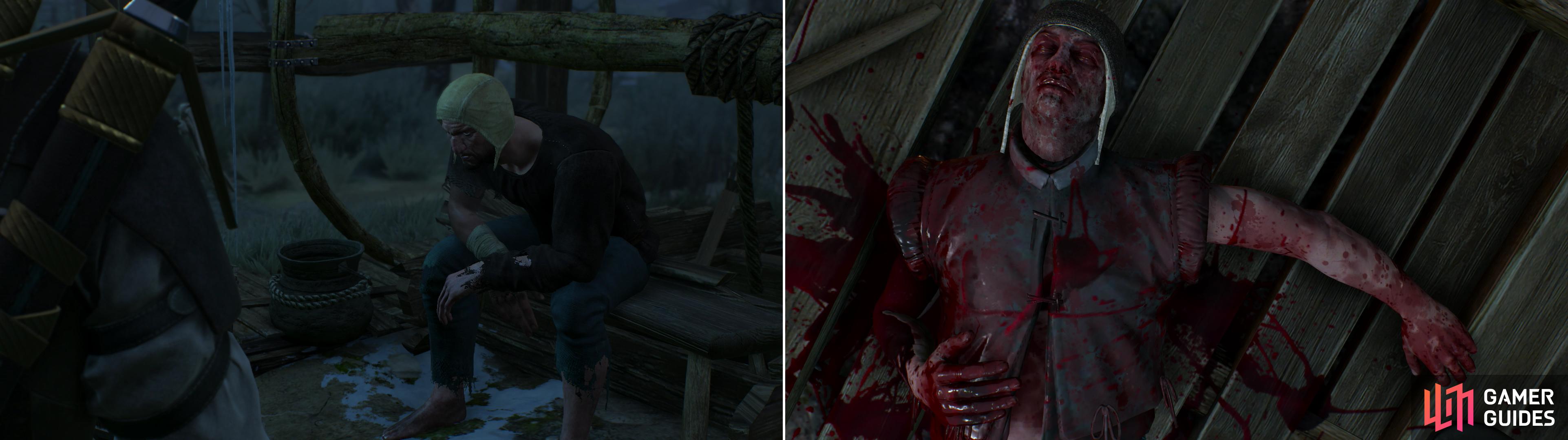The sole survivor of the attack at Heatherton is understandly shaken (left). The Nilfgaardian spy wasn't kindly treated by the Wild Hunt (right).
