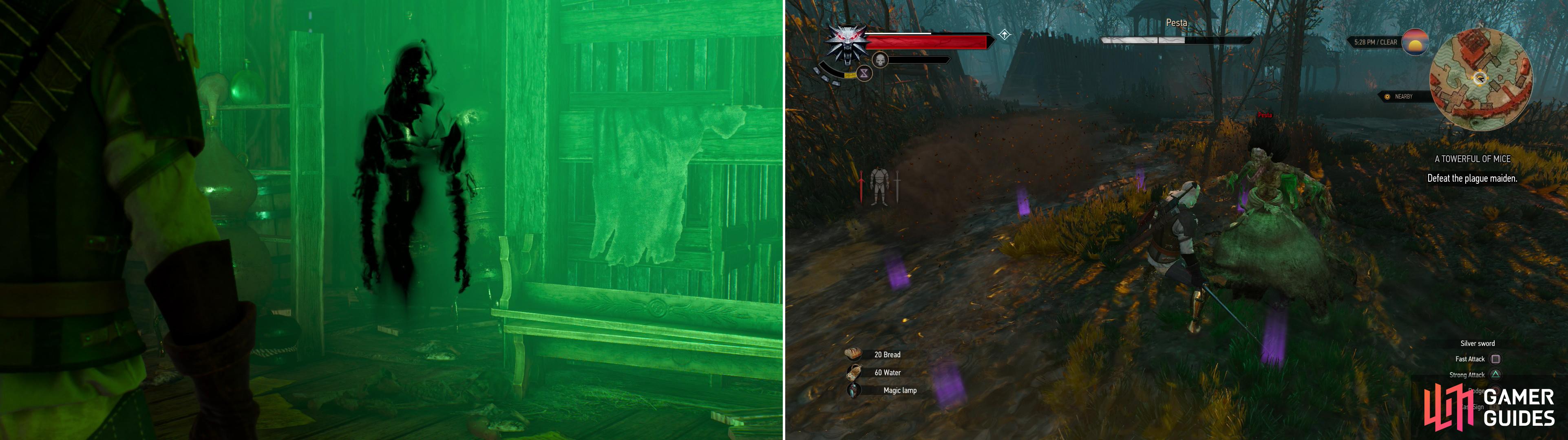 Use the Magic Lamp to talk to Annabelle at the top of the tower (left). If you refuse to help her, she'll reveal her true form and turn violent (right).