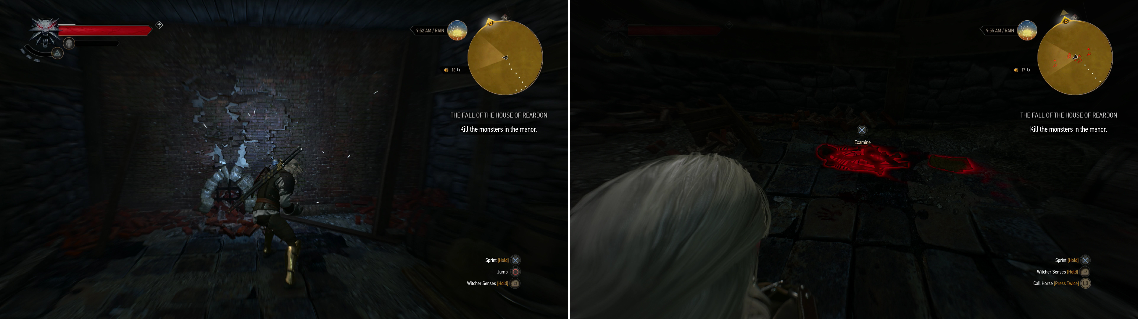 Blast a weak section of wall with Aard (left) to find a room where you'll find a grisly discovery (right).