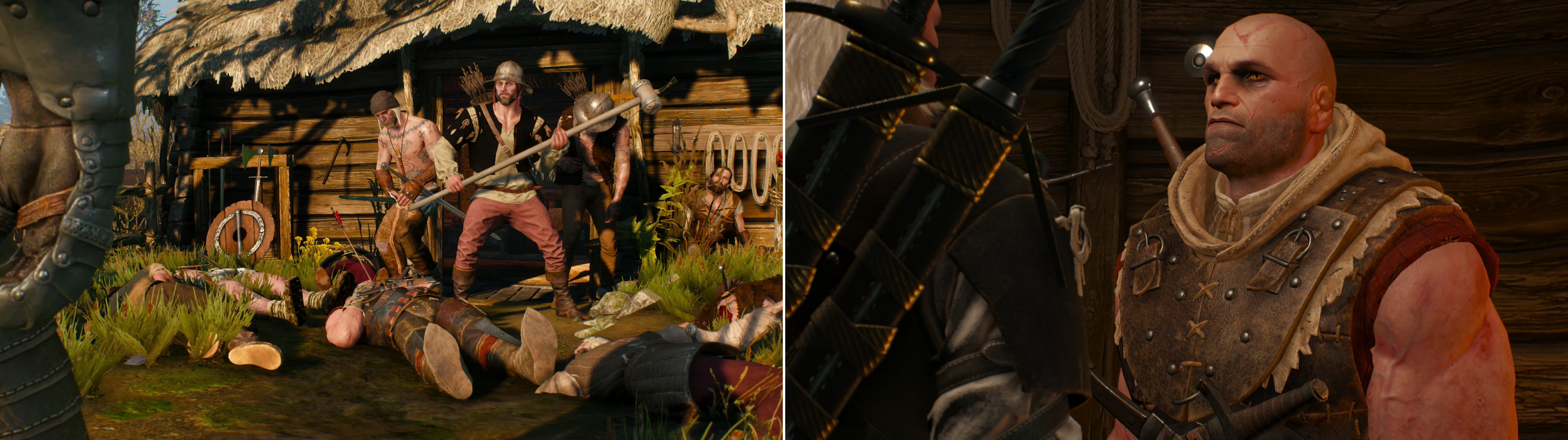 Letho's confrontation with his hunters doesn't seem to go well for the Witcher (left). If you avoid conflict as Letho directed, you'll be able to ask him to lay low at Kaer Morhen (right).