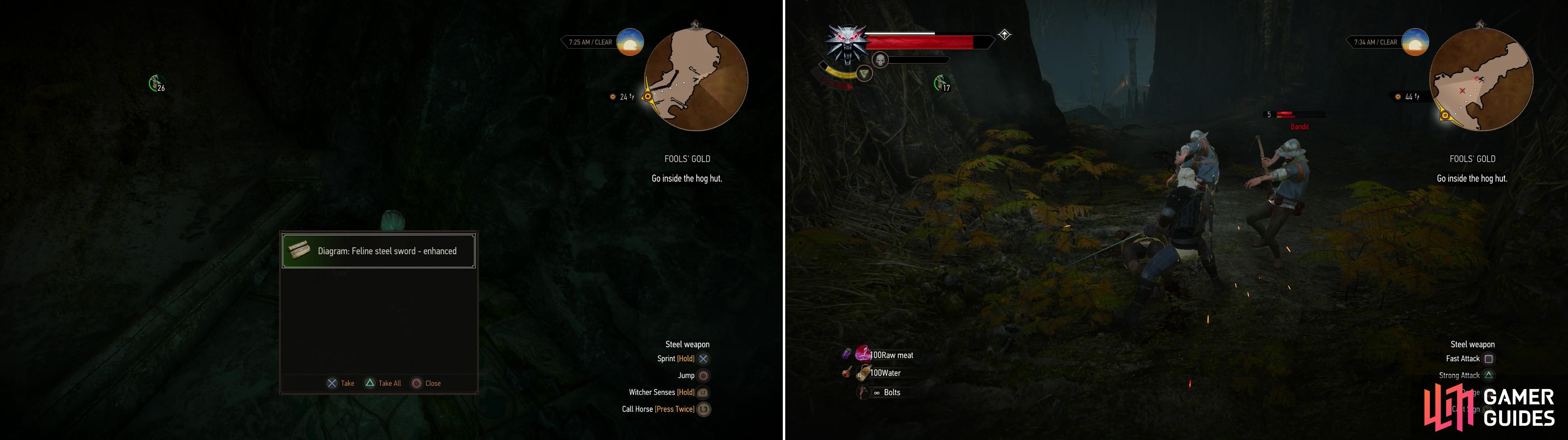 In the cave where the "hog hut" is located you can find the Diagram: Feline Steel Sword - Enhanced (left). There are also Bandits in and around the cave that need to be put down (right).