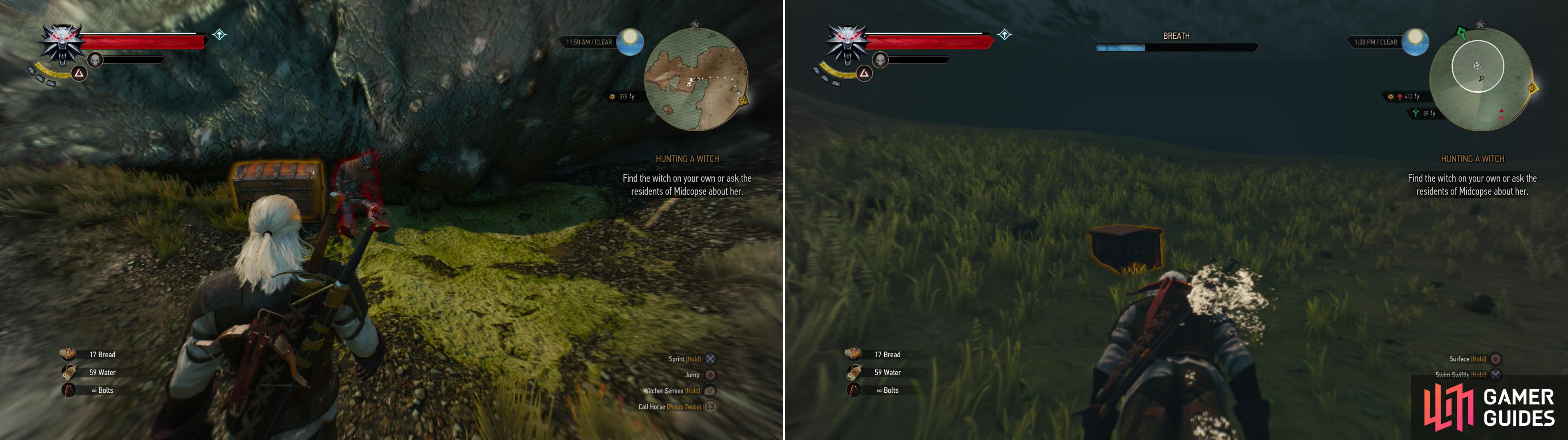 Kill some Drowners then search for some treasure near a dead whale (left), then swim to find more treasure (right).