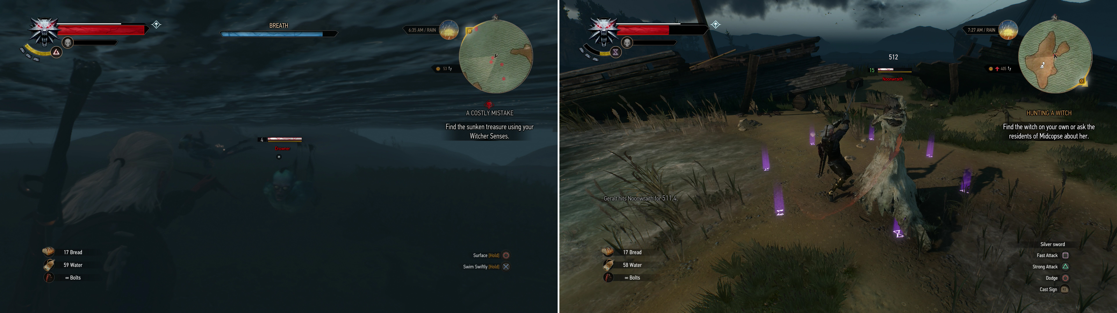 Plenty of Drowners dwell in the waters off western Velen (left), but even more dangerous foes can be found on nearby islands (right).