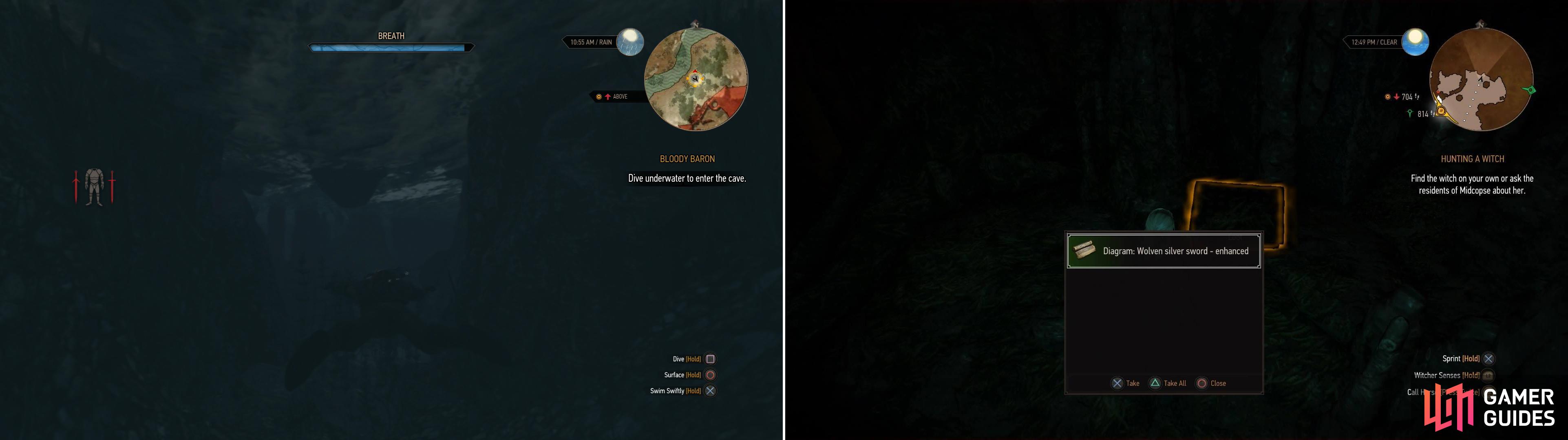 If you killed the Baron's guards earlier, you'll have to sneak through a cave to meet him (left), but on the plus side, you can grab the Diagram: Wolven Silver Sword - Enhanced along the way! (right)