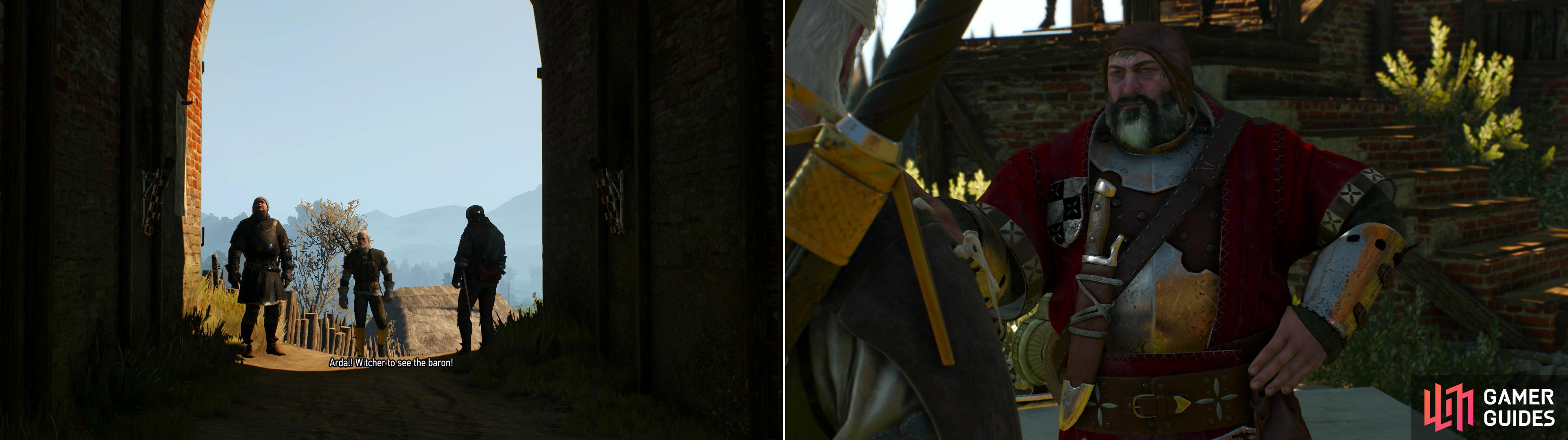If you remained peaceful with the Baron's guards, you'll be granted an audience with the Bloody Baron with little fuss (left). However you manage it, when you meet the Baron he'll tell you about his encounter with Ciri (right).