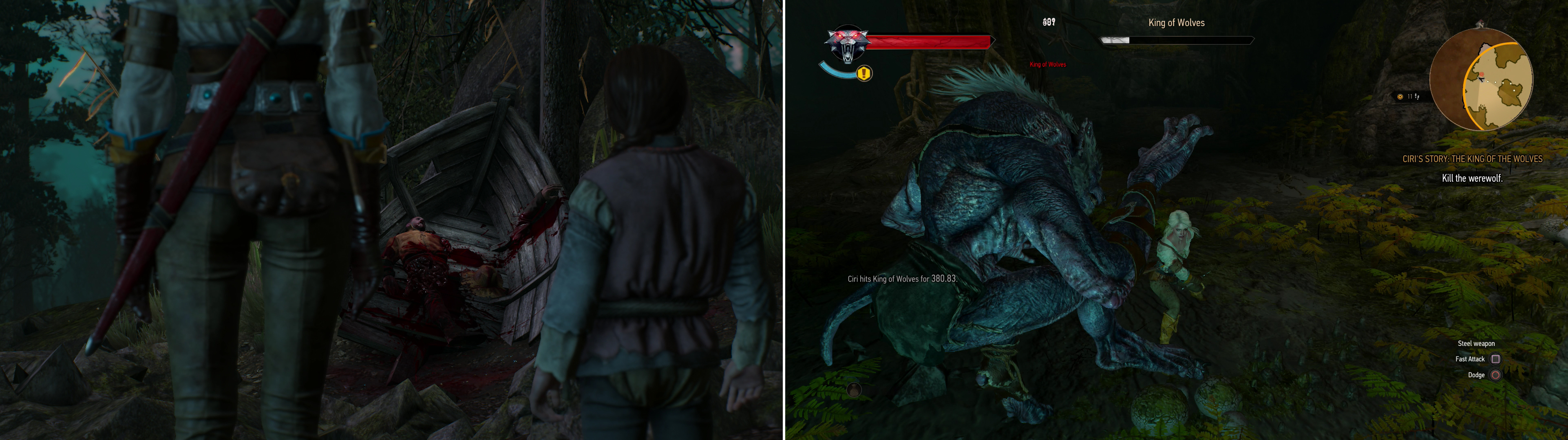 After discovering the gruesome remains of one of the King of Wolves's victims, Ciri decides she needs to prepare an oil to combat the beast (left). With such preparations, Ciri should have no trouble dethroning the King of Wolves (right).