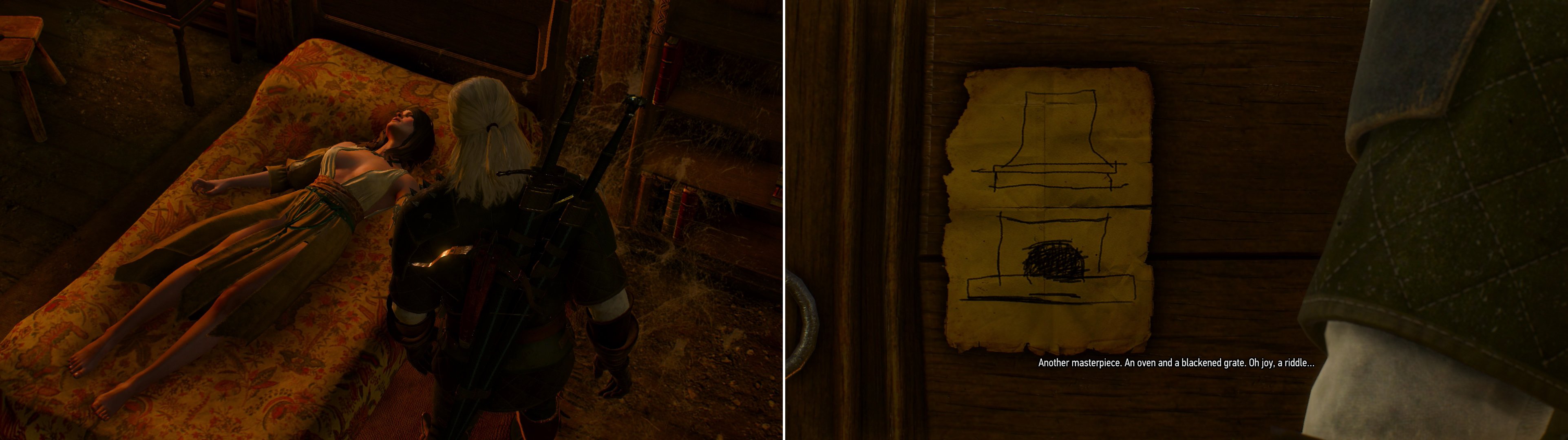 In the haunted house you'll fine Corinne, fitfully sleeping and clearly under the power of some malignant force (left). Follow the clues in the house to locate the source of the problem (right).