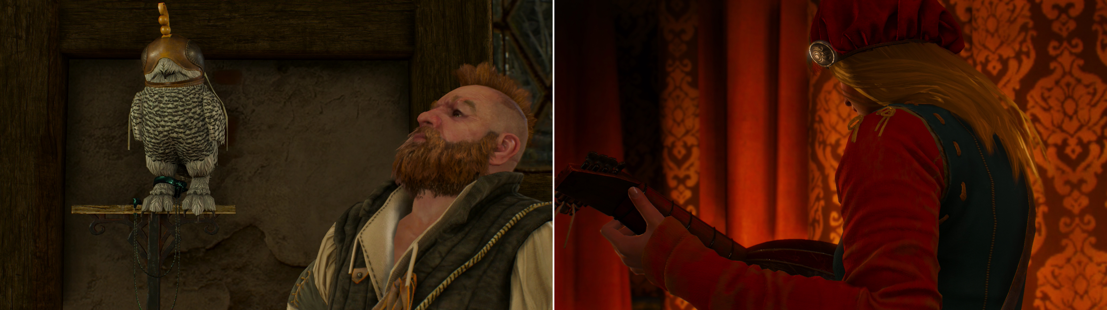 Zoltan shows off his newly-aquired, and oddly-attired, pet (left). After some expert investigation Geralt follows the leads to the object of Dandelion's ongoing infatuation (right).